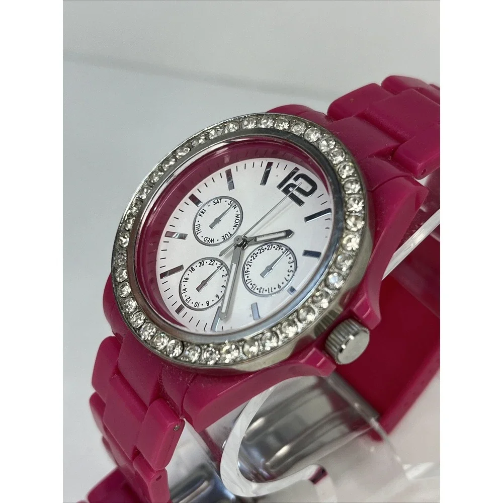 Women's Quartz Watch Pink Band Rhinestone Bezel 40mm- New‎ Battery